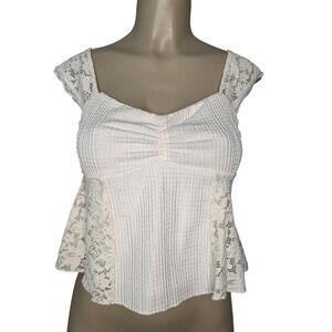 La Peche Top Womens M Ivory Lace Peplum Sweetheart Cap Sleeve Seersucker Boho